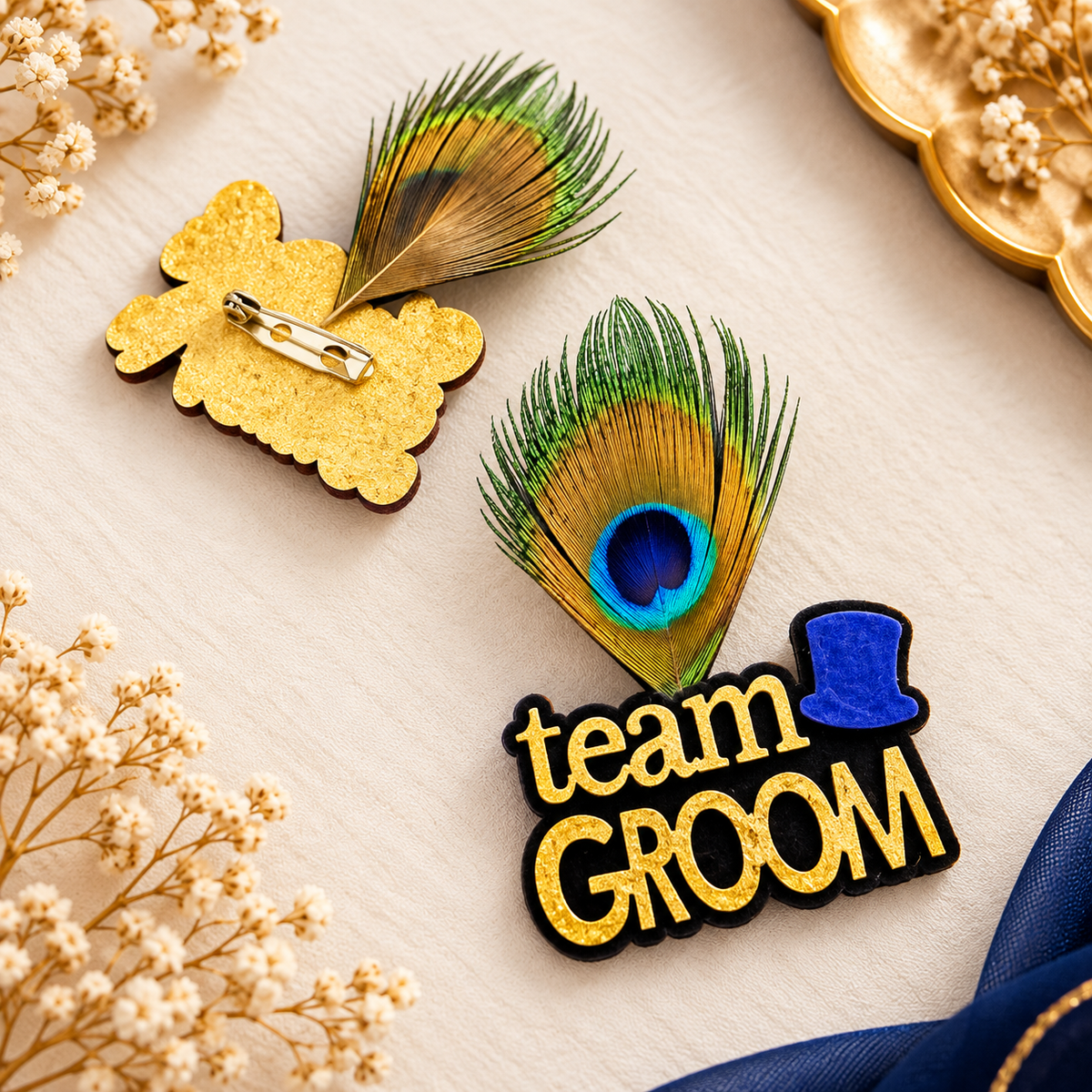 Team Groom Morh Pankh Wedding Badge