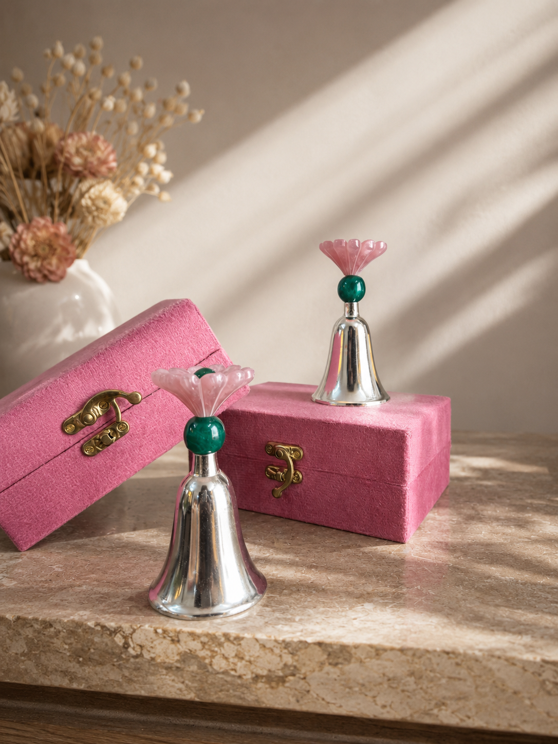 Meher German Silver Pink Stone Flower Bell