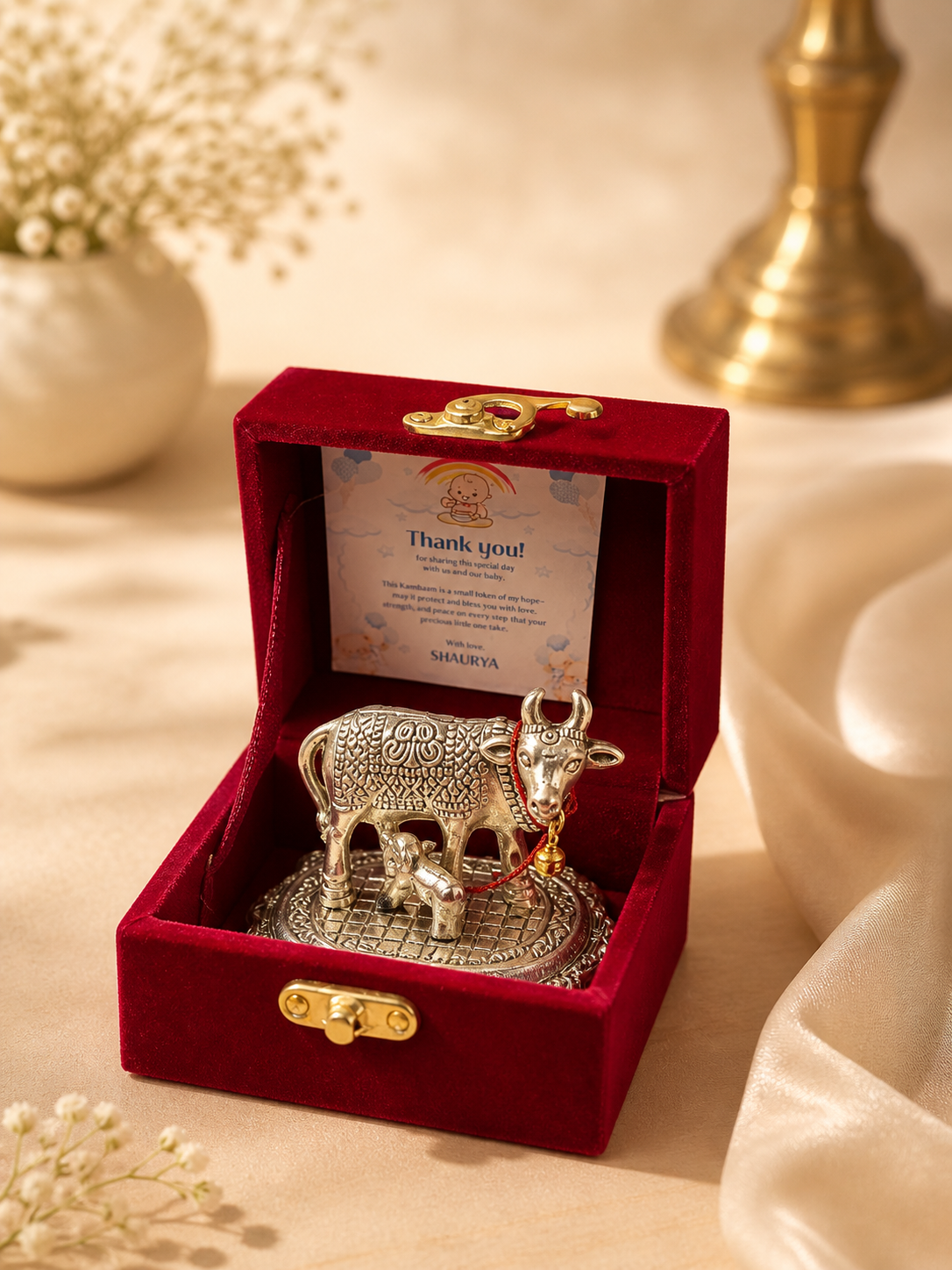 Kamdhenu in a velvet gift box & personalised tag