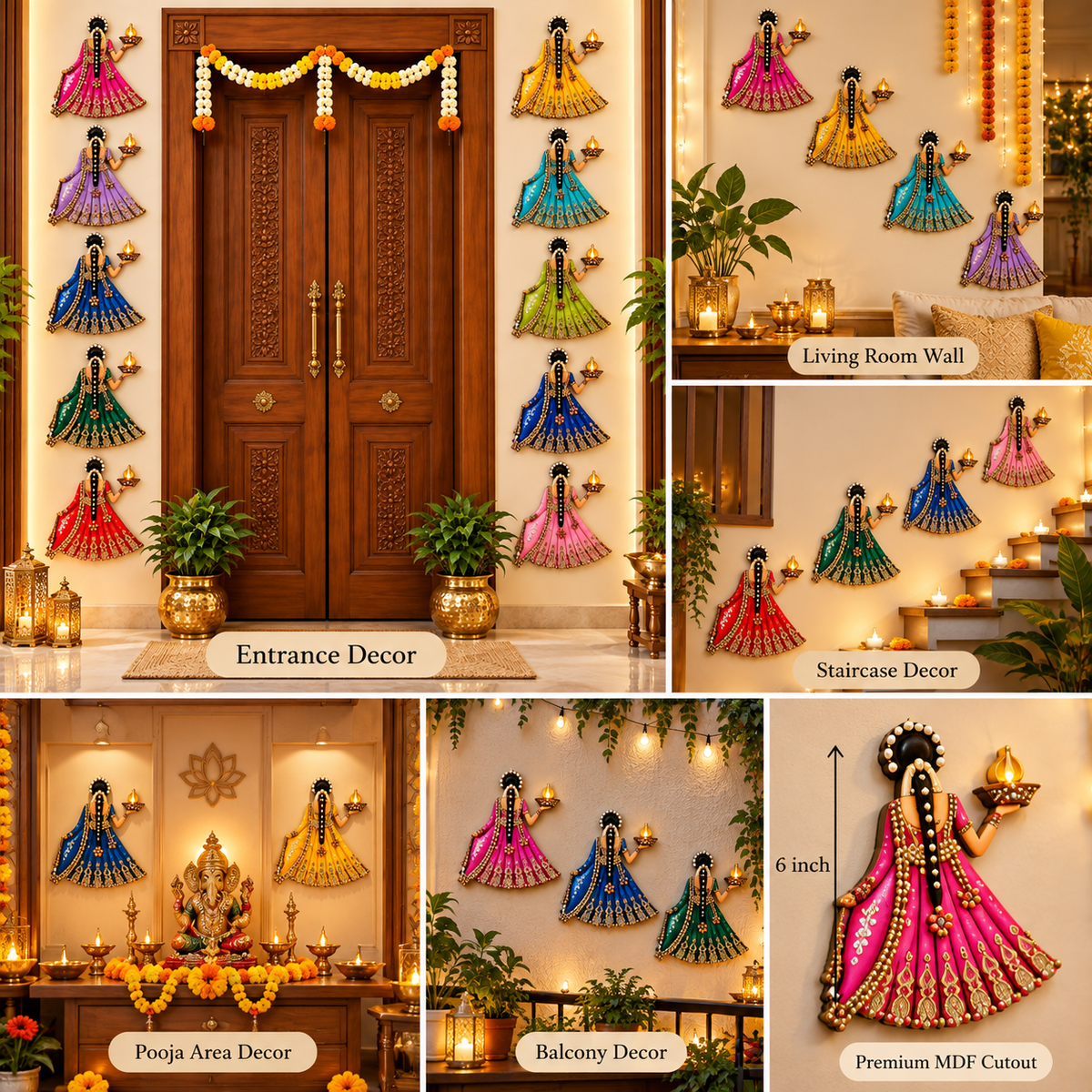 Set of 5 Lady with Diya Decor Cutout