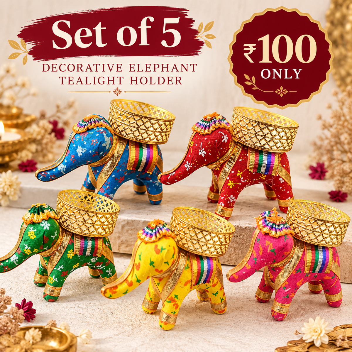 Set of 5 Elephant Tealight Holders