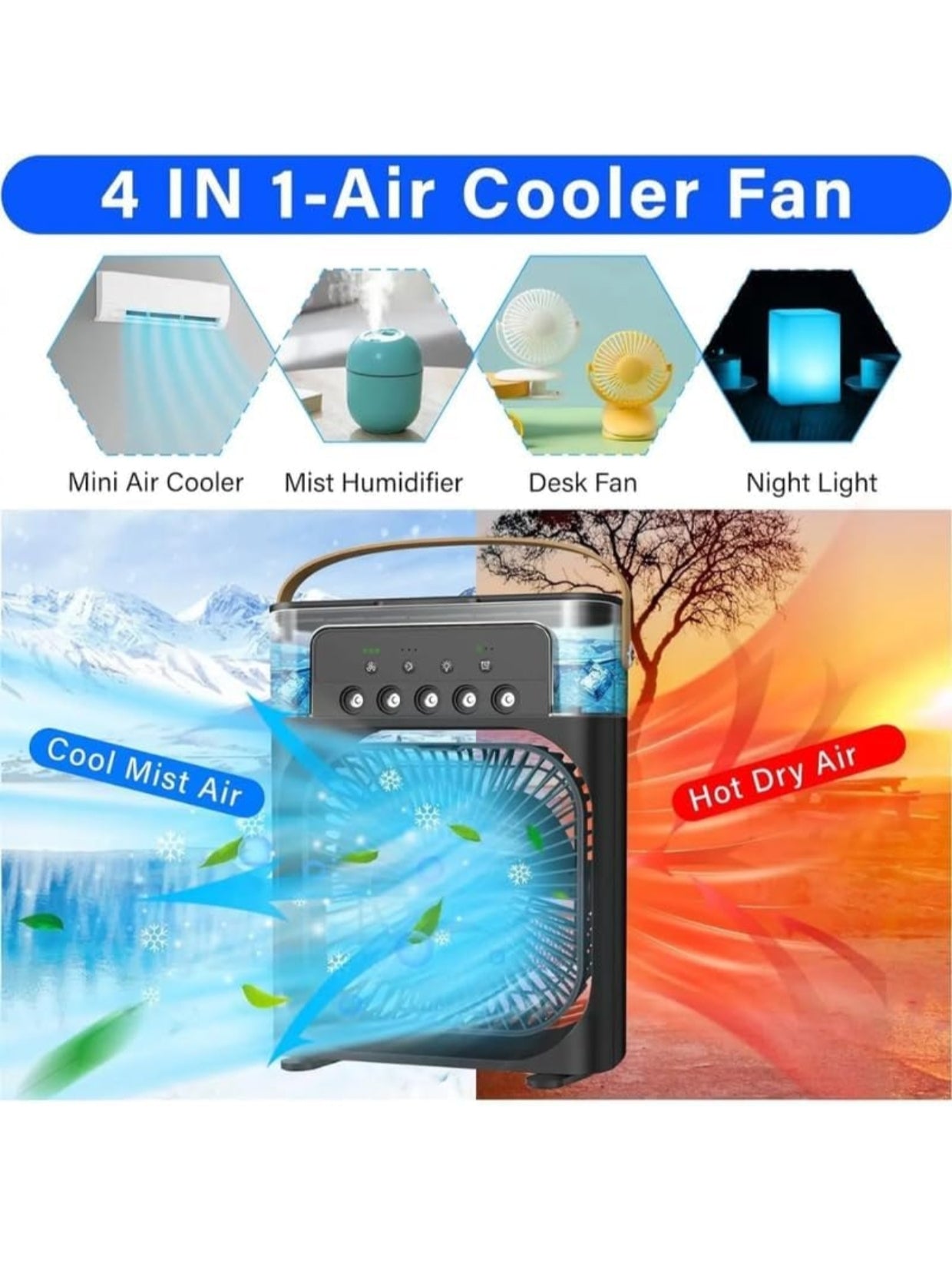 Mini Air Cooler with LED Light, Portable AC Fan Cooler, 3 Wind Speeds, 3 Spray Modes & Timer, Personal Cooling Mist Fan for Kitchen_Multicolor