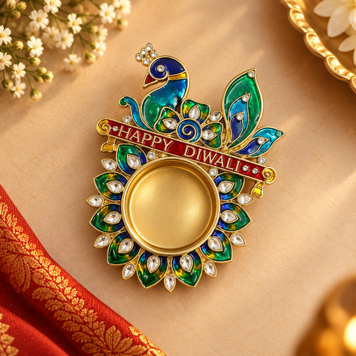 Happy Diwali Peacock Enamel Diya