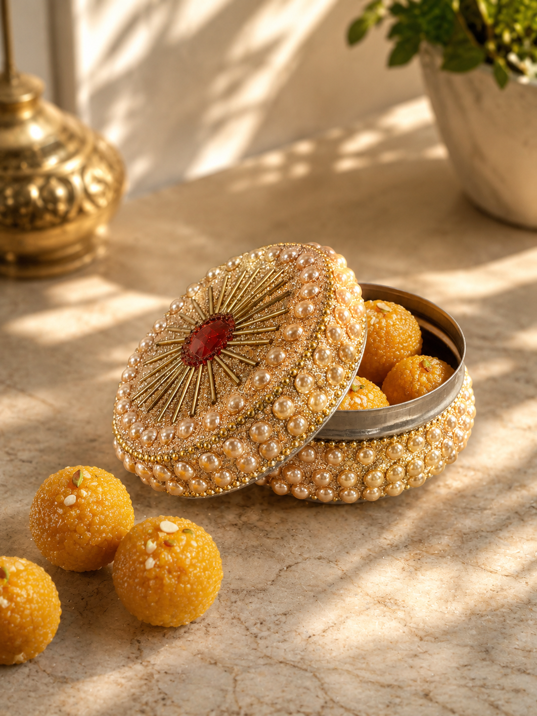 Stainless Steel Dabba with Pearl Work