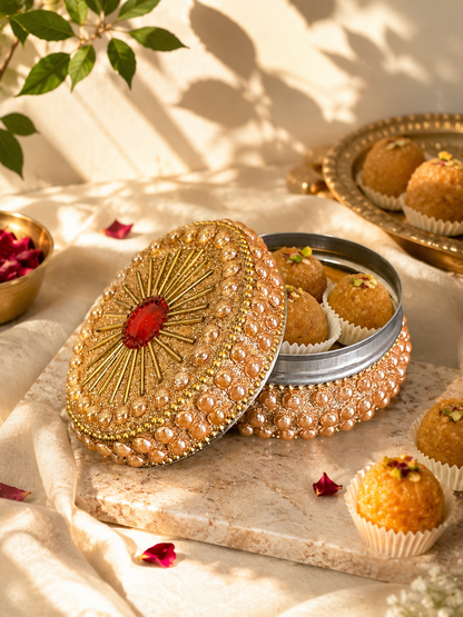 Stainless Steel Dabba with Pearl Work