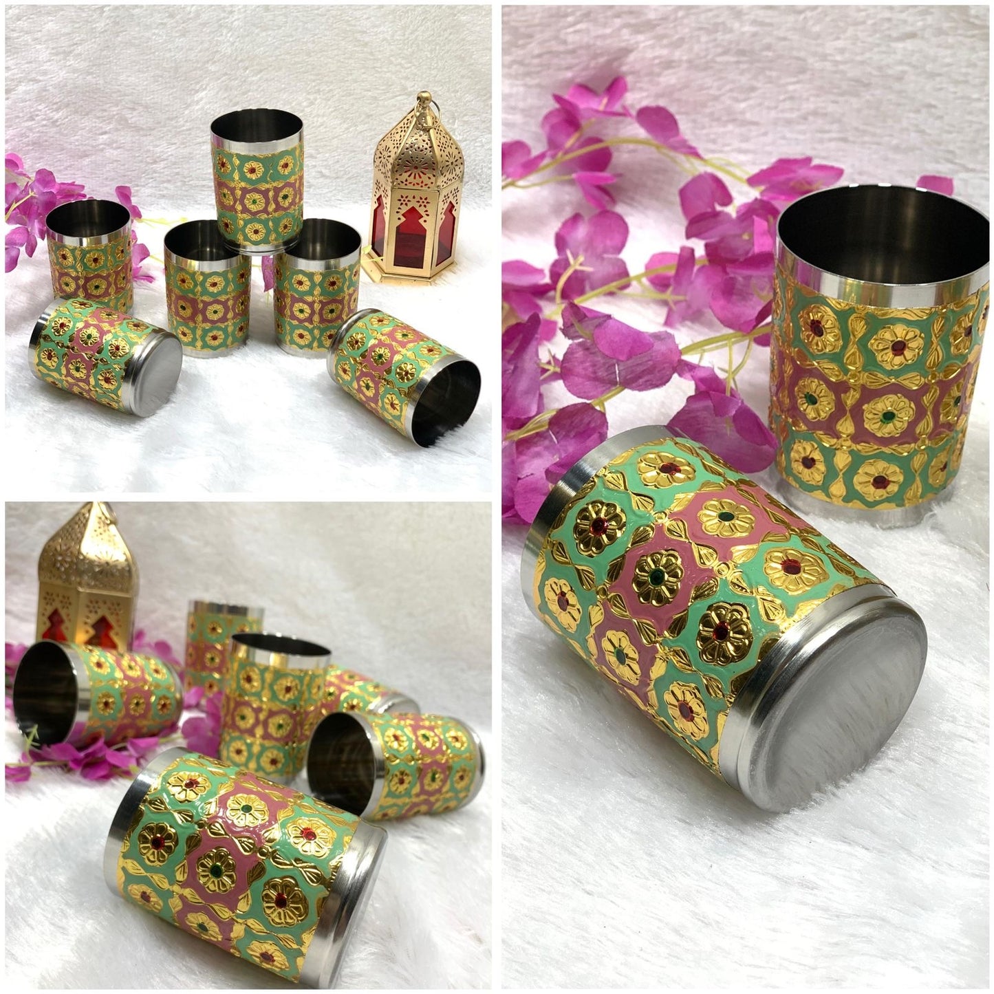 Decorated Meena Steel Glasses