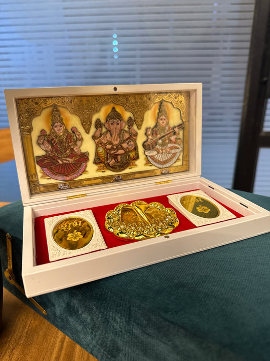 Laxmi Ji Ganesh Ji Saraswati Ji 24kt Gold Prayer Box