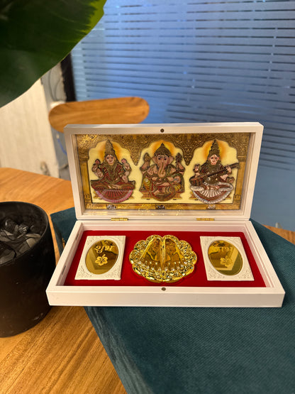 Laxmi Ji Ganesh Ji Saraswati Ji 24kt Gold Prayer Box