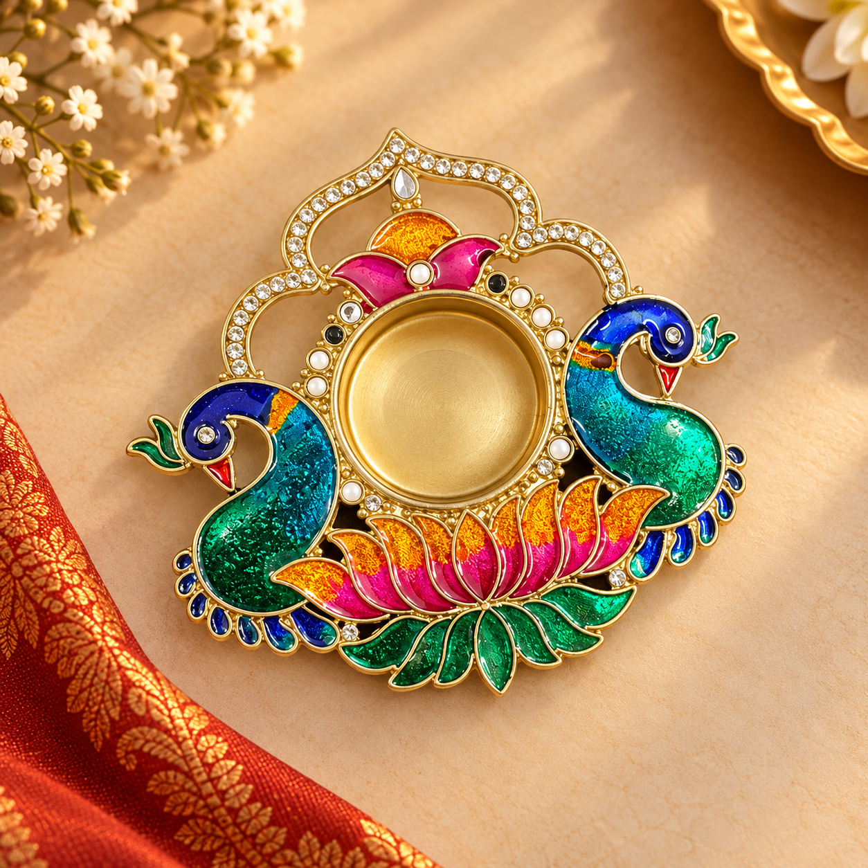 Peacock Enamel Diya