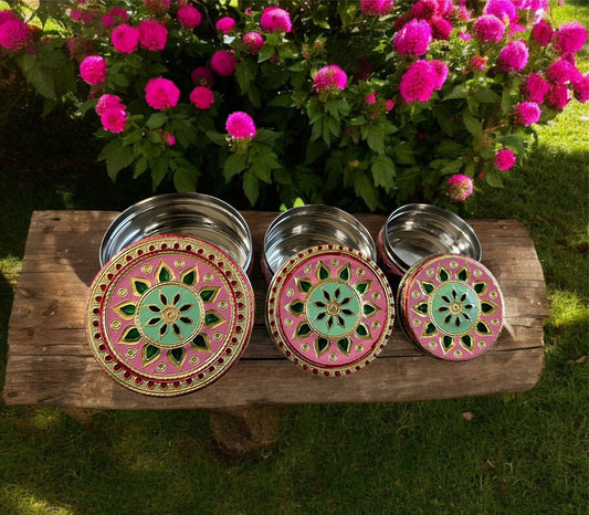 Decorated Stainless Steel Dabba ( Set of 5 )