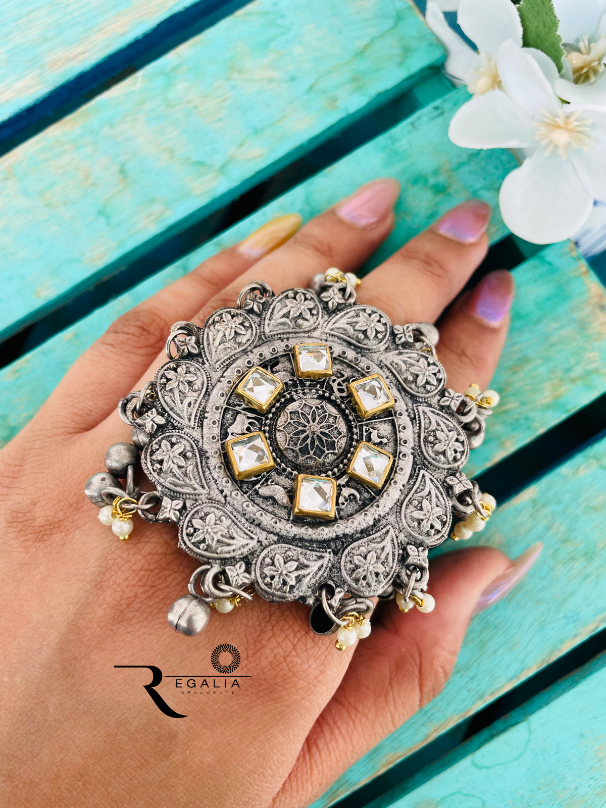 Buy Maati Floral Antique Oxidized Ring | Tarinika - Tarinika India